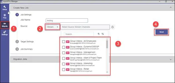 Stream migration job setup using Apps4.Pro Migration Manager with job name entry, source selection, and channel list options.