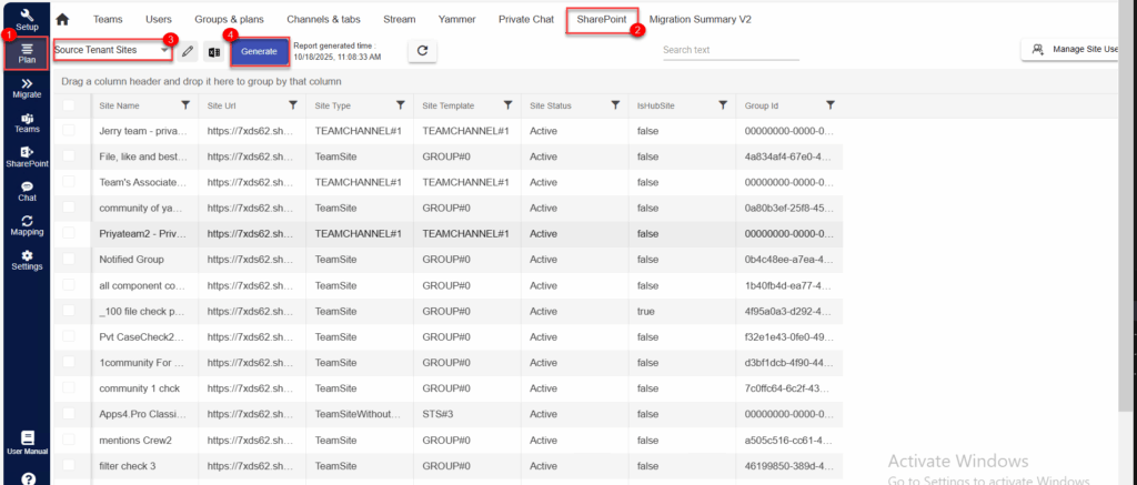 Generating a SharePoint inventory report using Apps4.Pro Migration Tool to analyze sites, libraries, and lists before migration. 