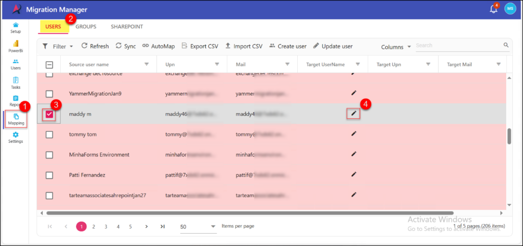 User mapping is provided for the source user with the corresponding target user for Power BI data migration.