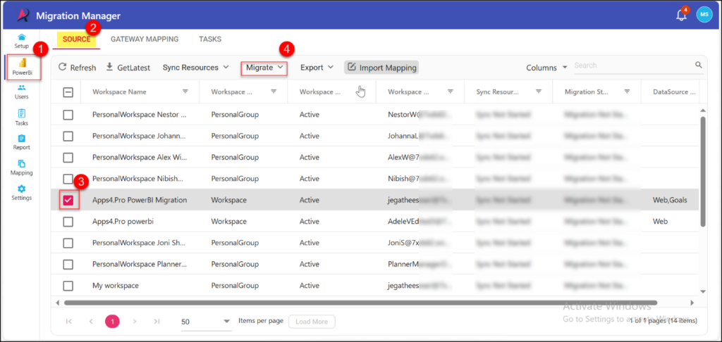 Select the Microsoft Power Bi Workspace for tenant to tenant
Power Bi migration