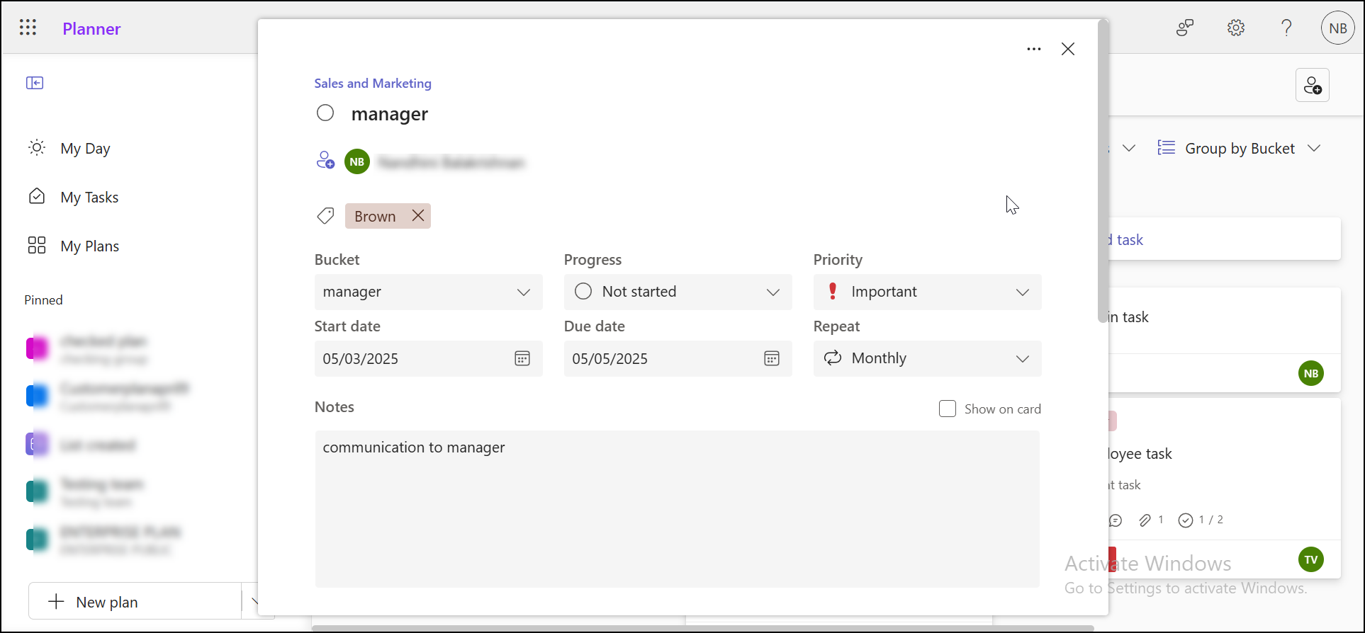 Microsoft planner task view of the source environment.