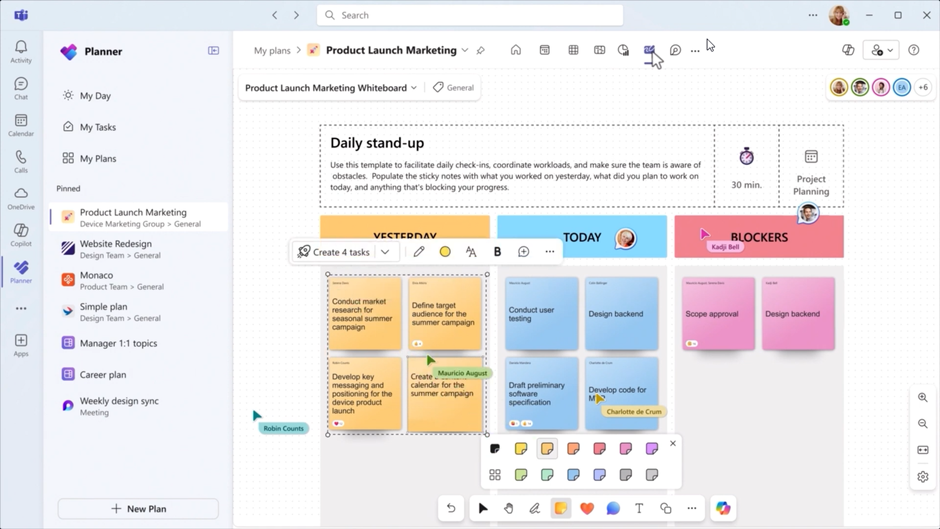 Microsoft Planner in Teams showing a collaborative whiteboard for a product launch daily stand-up, with sticky notes categorized into Yesterday, Today, and Blockers.