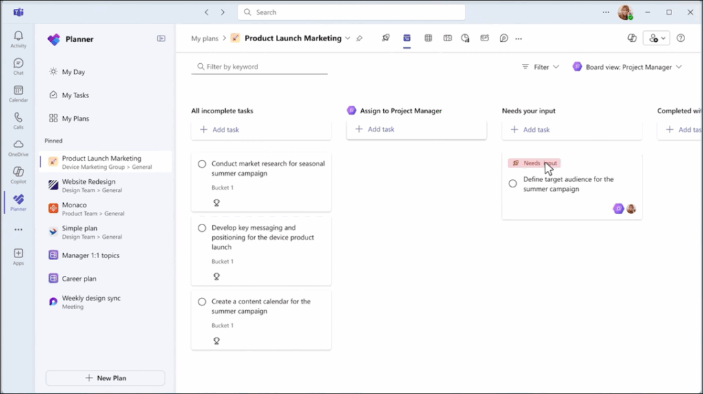 Project Manager Agent moves Task to "Needs your Input" bucket, for Team Member to provide inputs.