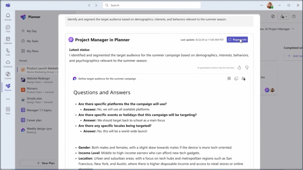 Team member provides inputs and Regenerate for Project Manager Agent to take it further.