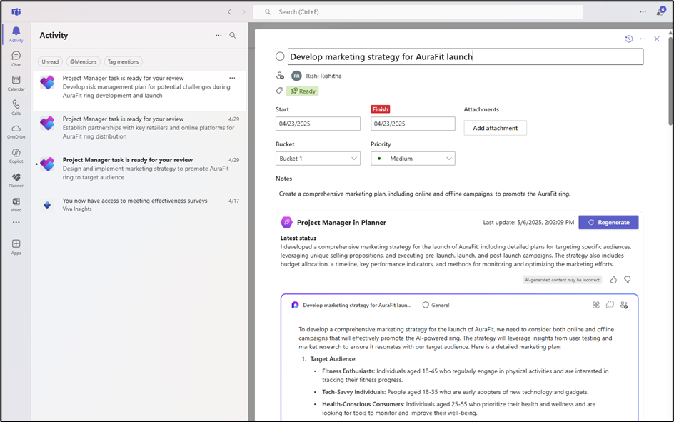 Microsoft Teams interface showing a task in Planner titled 'Develop marketing strategy for AuraFit launch' with AI-generated notes by Project Manager Agent.
