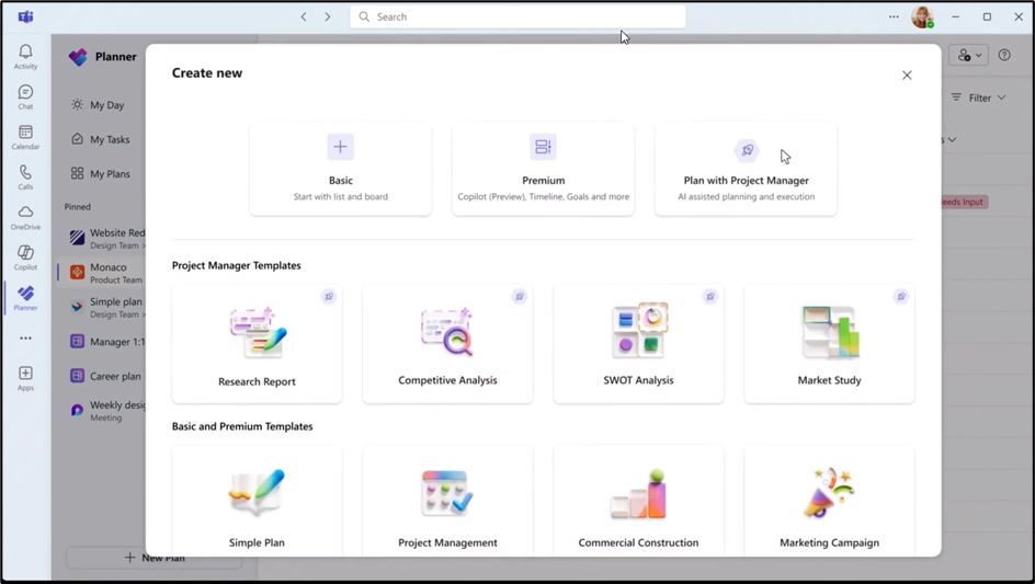 Microsoft Planner in Teams showing the 'Plan with Project Manager' option and available templates