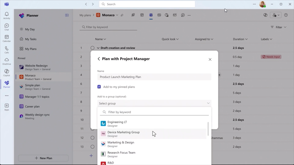 Microsoft Planner in Teams showing the 'Plan with Project Manager' setup screen with options to name the plan and select a Group.