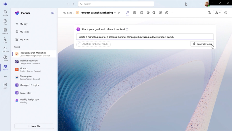 Allowing users to define goals (like "Product Launch Marketing") and then automatically "Generate tasks" to achieve them.