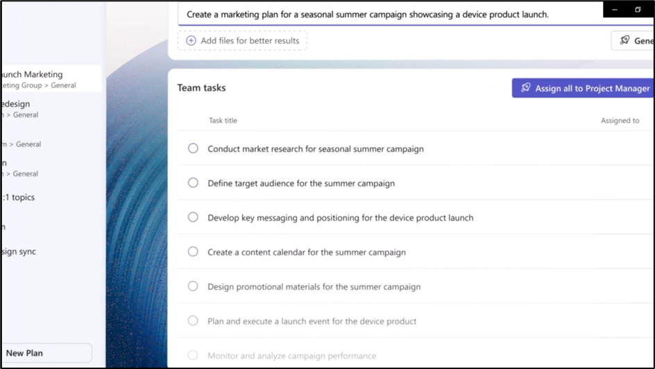 Microsoft Planner's AI generates detailed tasks from a high-level goal, like a marketing plan.