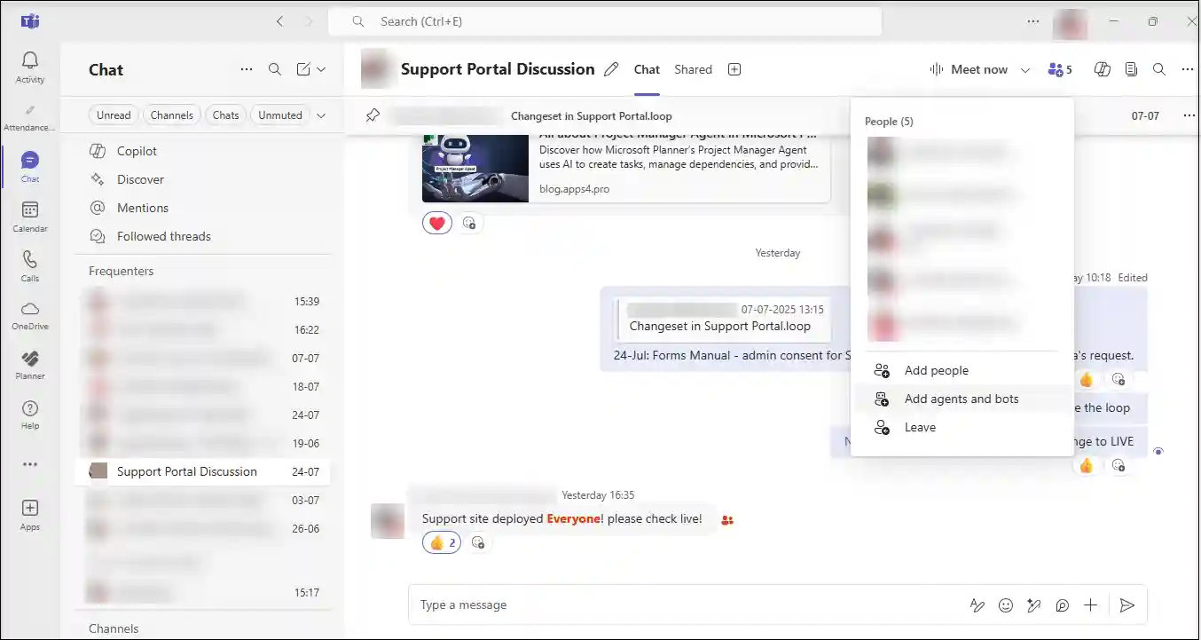 Microsoft Teams group chat showing Add Copilot agents or bots in participant's roster