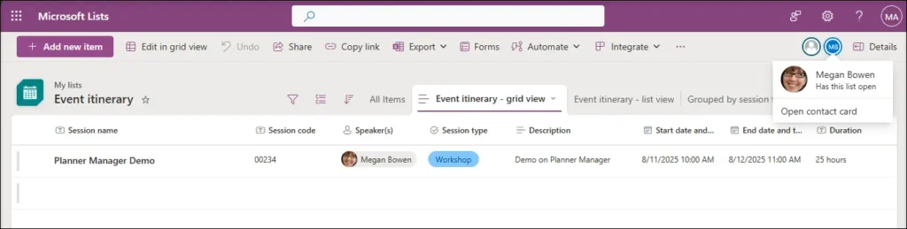 Microsoft Lists showing another user currently viewing the list.