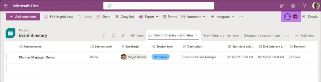 Microsoft Lists showing real-time collaborators at the top right
