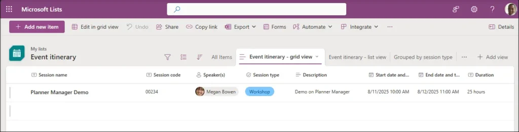 Microsoft Lists interface without real-time collaborator