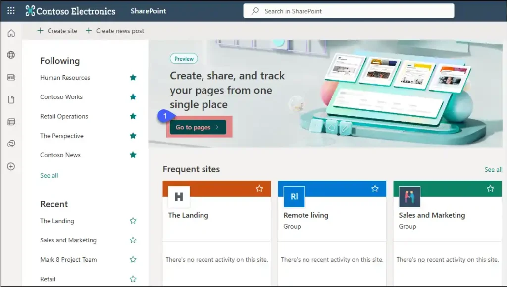 SharePoint Start page with Go to pages