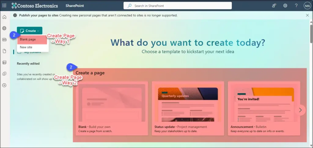 SharePoint interface showing two ways to create a page: via the 'Create' button (Blank page, New site) or by selecting a template