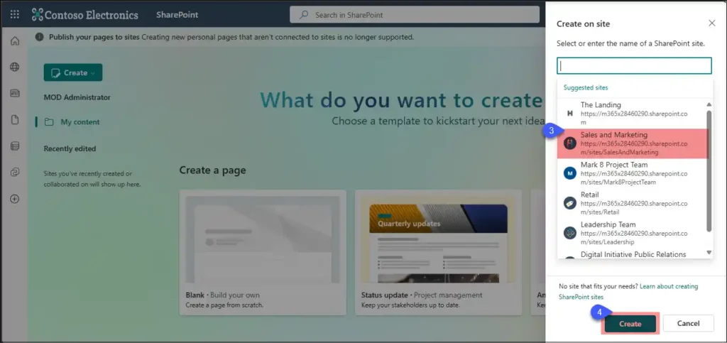 SharePoint panel to create a new page with suggested Existing SharePoint sites