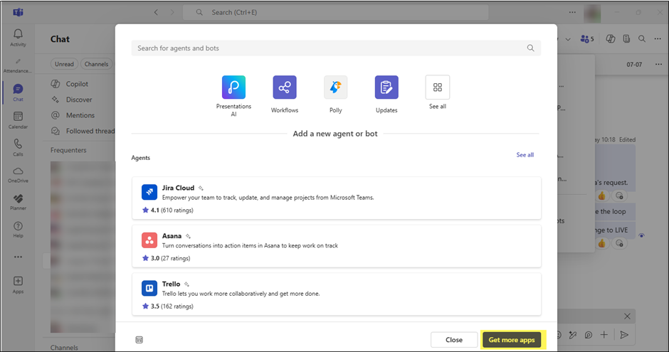 Microsoft Teams Copilot Agents apps with Get more apps option