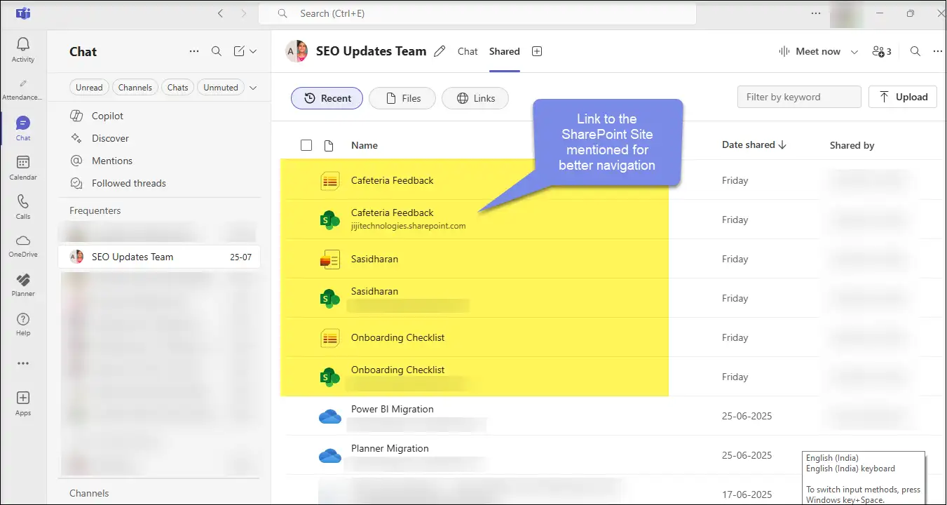 Microsoft Teams shared tab showing Microsoft Lists and SharePoint site links with title, path, and shared by details