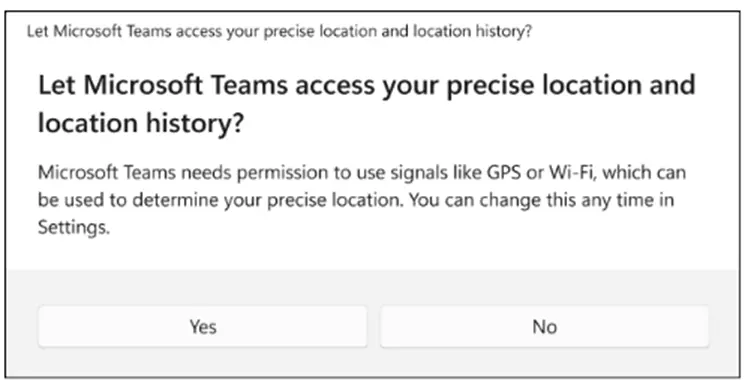 Microsoft Teams permission request asking to access precise location and location history