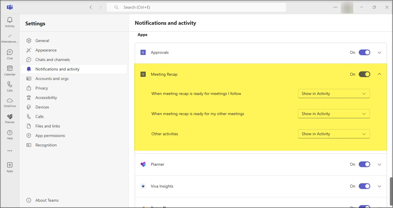 Microsoft Teams app notification settings for Meeting Recap and other apps.