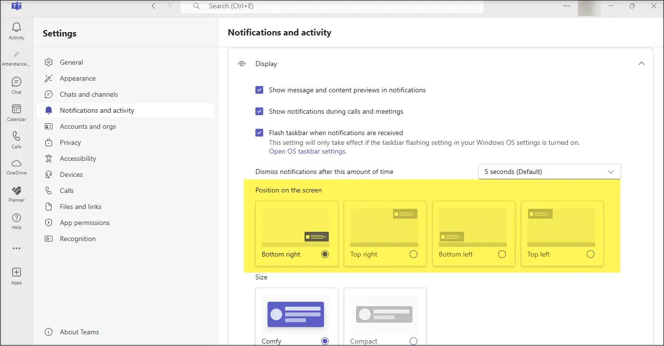 Microsoft Teams Settings window showing Notifications and activity options.