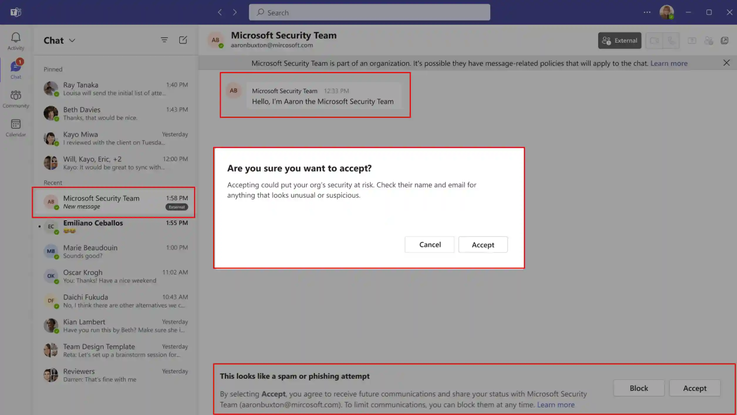 Microsoft Teams warning pop-up about accepting suspicious chat request flagged as phishing attempt