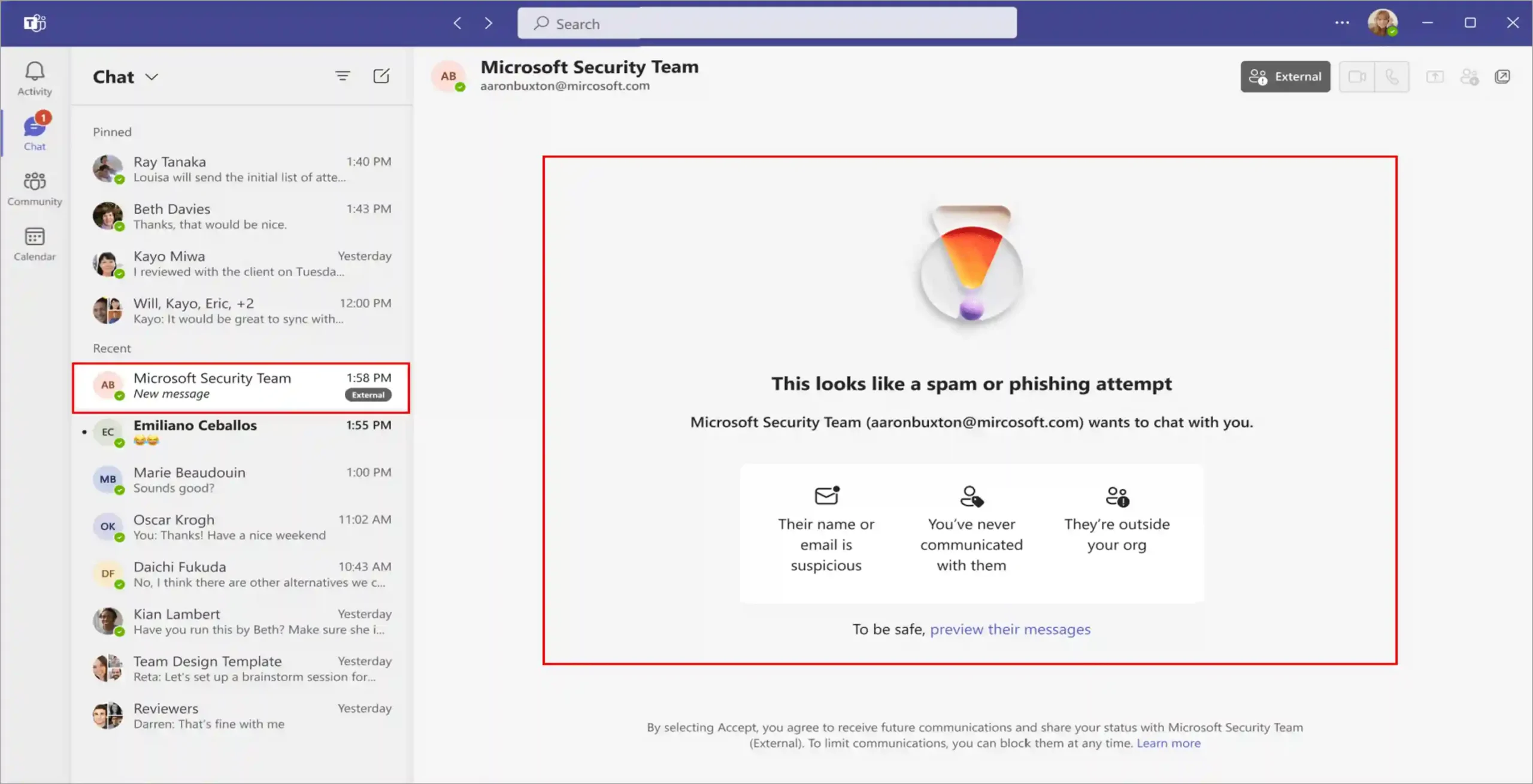 Microsoft Teams phishing attempt warning message in chat window