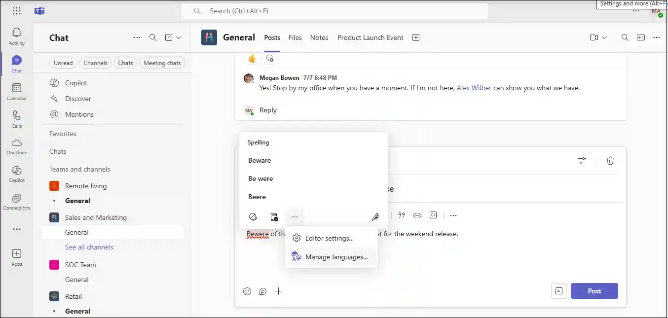 Microsoft Teams spelling suggestion popup in chat message window.