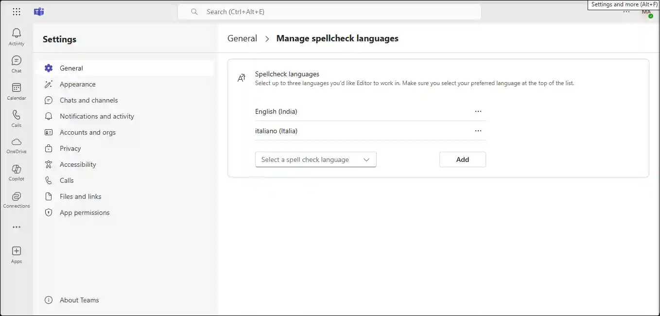 Microsoft Teams manage spellcheck languages settings.