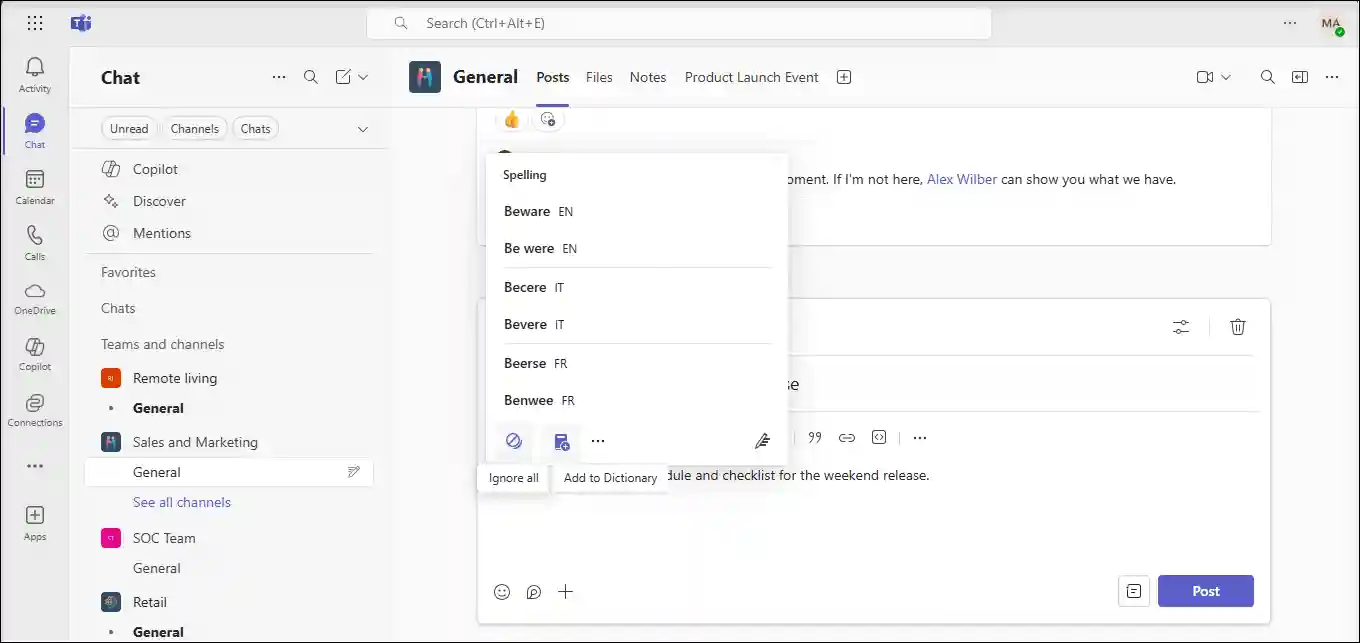 Microsoft Teams chat spelling suggestions popup with language options.