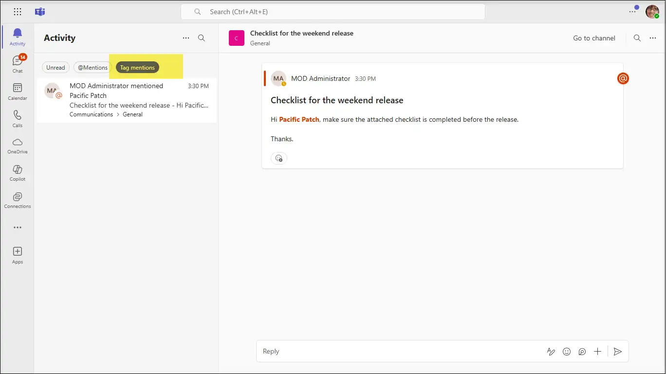 Microsoft Teams Activity feed showing a tagged mention.