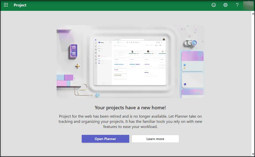Microsoft Project for the web retirement notice redirecting users to Microsoft Planner.