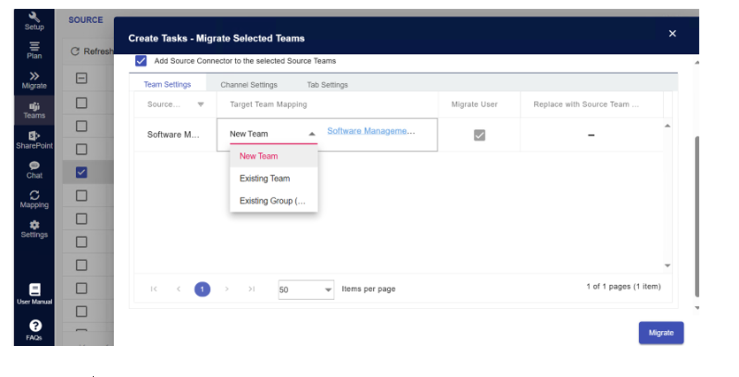 Source team mapped with required target team selection. 