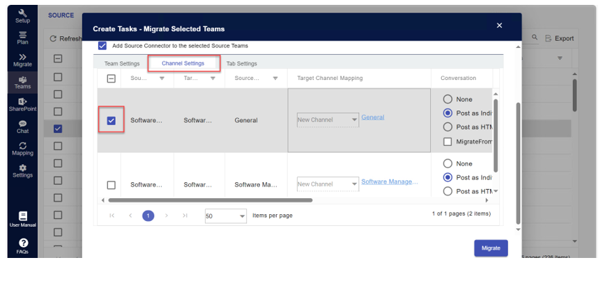 The tool automatically lists and maps channels to copy channels from one team to another. 