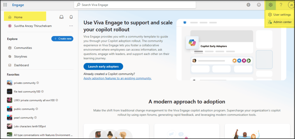 Viva Engage Home page with Copilot adoption centre and user/admin settings access.