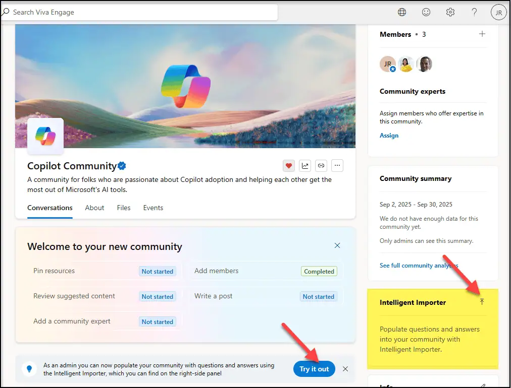Viva Engage Copilot Community with Intelligent Importer and Try it out button. 