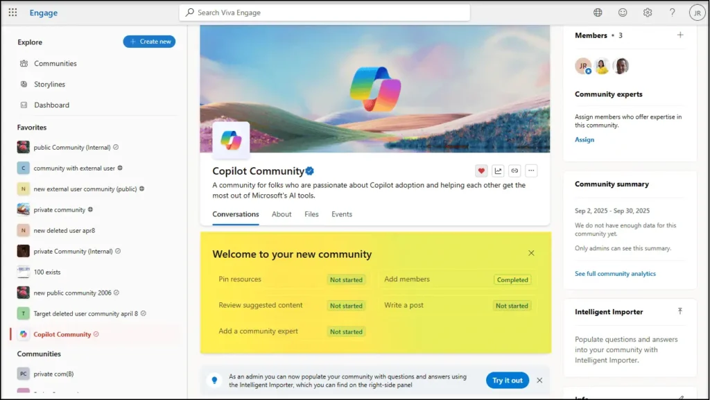 Viva Engage Copilot Community onboarding checklist with setup steps. 