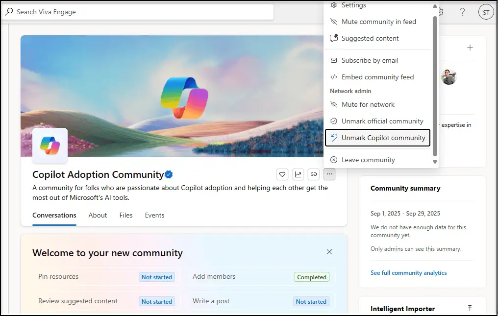 Viva Engage AI-unmark the Copilot Adoption Community.