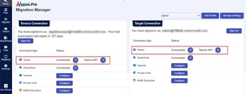 Source and target connections for Teams migration. 