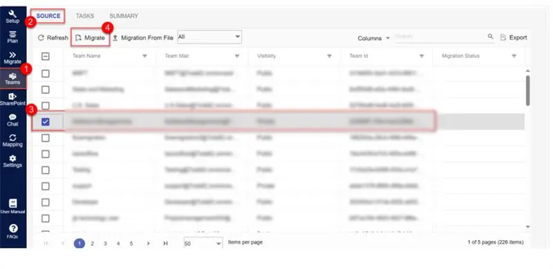 Team migration interface showing selected team and migration options. 