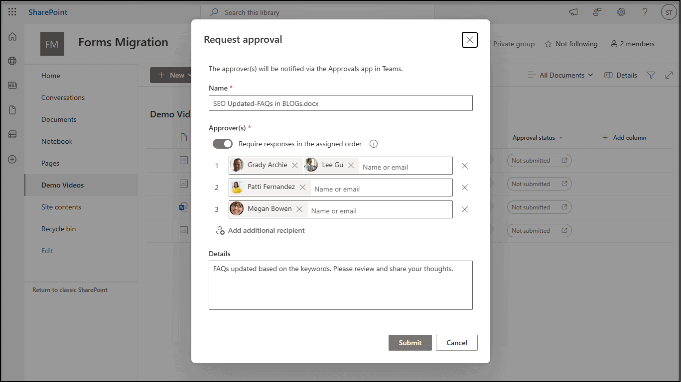 M365 SharePoint document approval workflow request form.