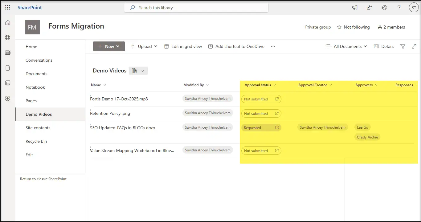 SharePoint Online document library with approval workflow details.