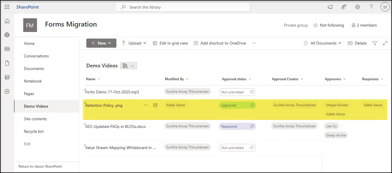 SharePoint document library displaying approval status and workflow progress.