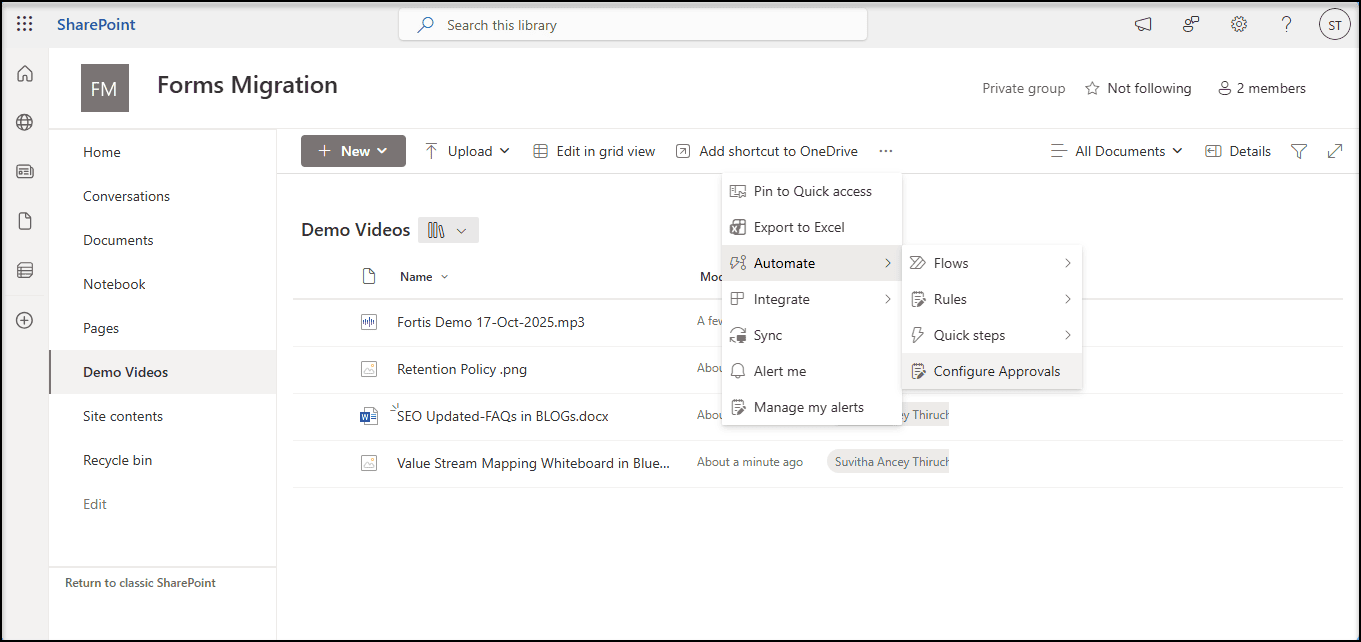Microsoft SharePoint site document library with workflow automation and approval options.