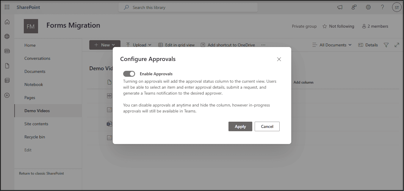 Office 365 SharePoint Online Configure Approvals for workflow management.