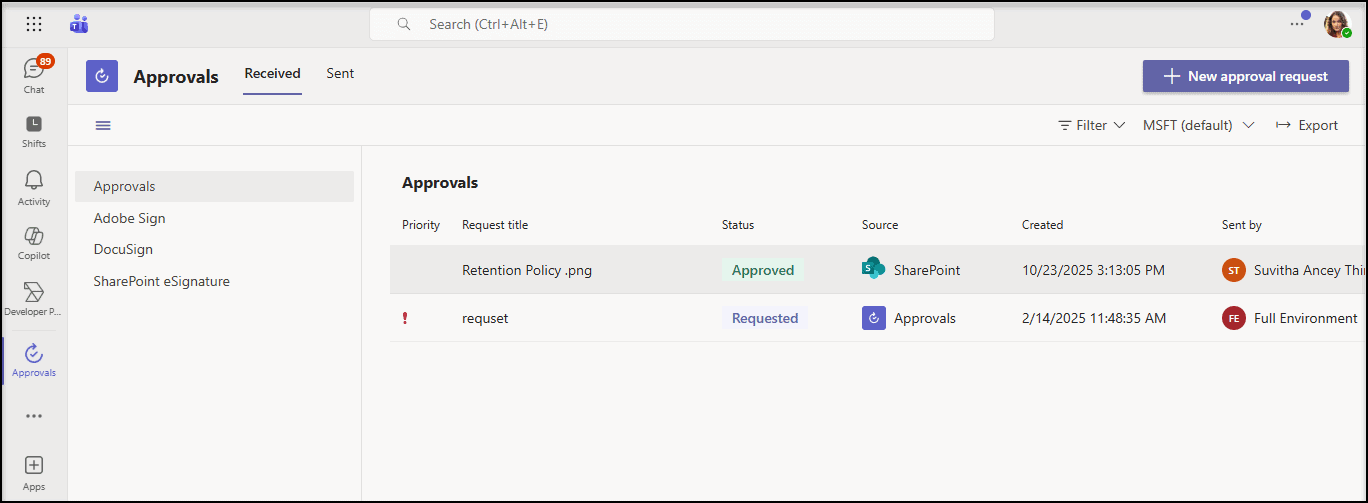 Microsoft Teams Approvals app with SharePoint Online workflow status.