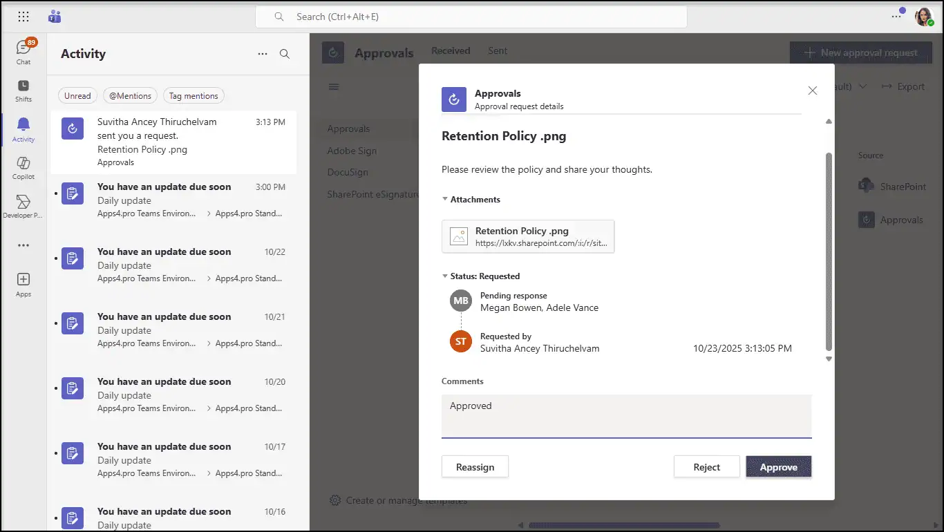 Microsoft Teams approval request in Activity Feed linked to SharePoint document workflow.