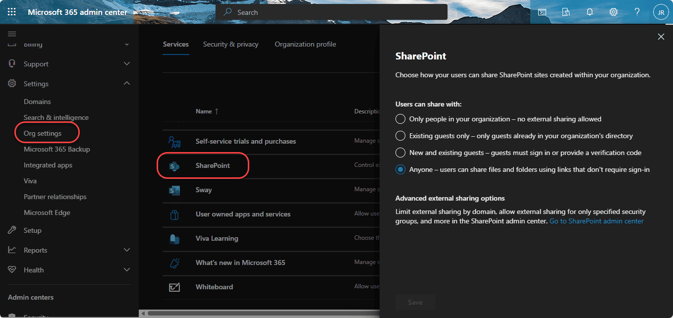 Microsoft 365 Admin Center showing tenant-level SharePoint external sharing settings and advanced options.