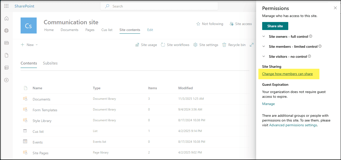 SharePoint communication site with content libraries and a permissions panel for site access and sharing controls.