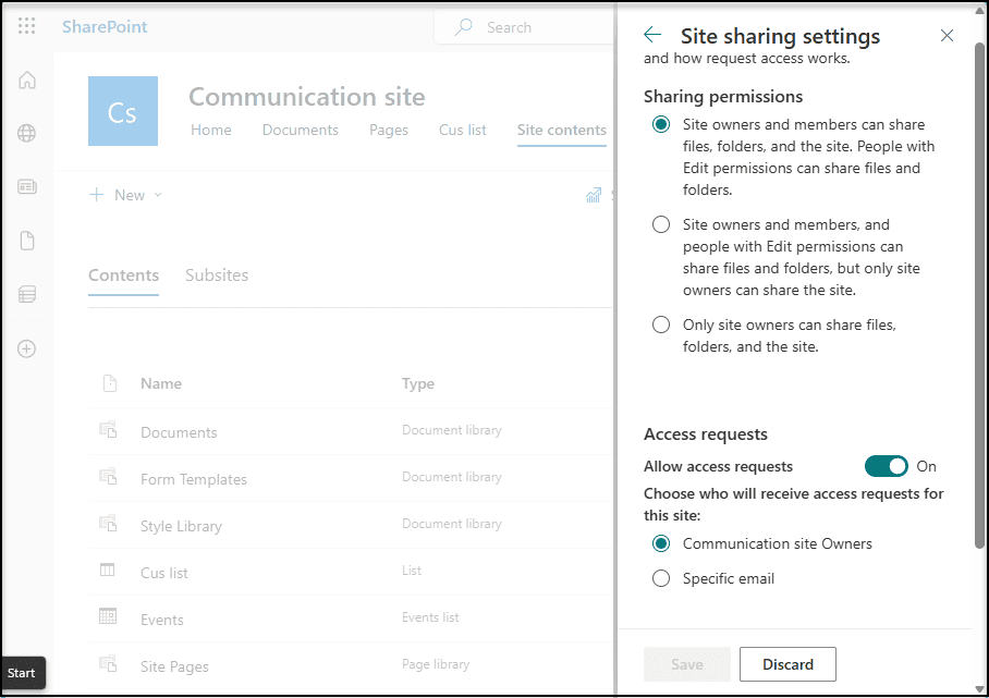 M365 SharePoint admin center with Active sites list and a Sharing settings panel for external, guest access options.